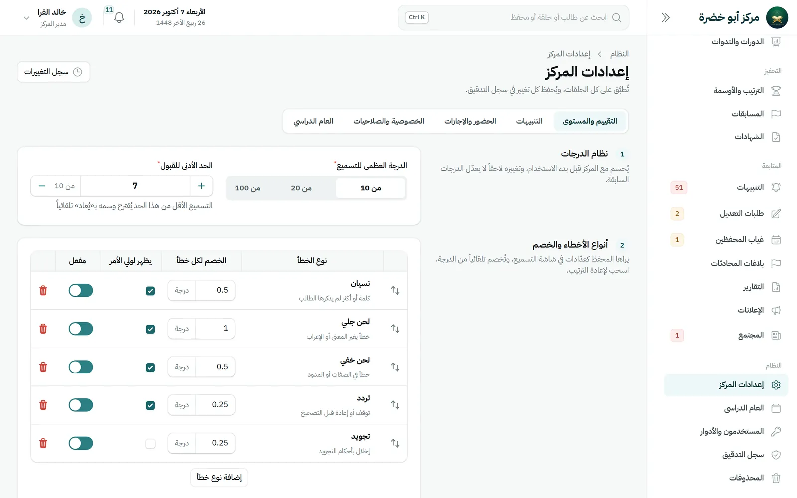 بيانات المركز على خادمه، ولكل دور حدّه